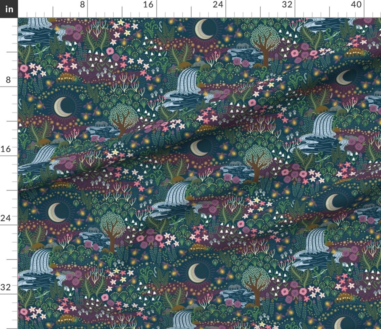 Green Garden Nigh Moon Meadow Fireflies Magical Waterfall Dreamy Landscape Hand Painted Whimsical Nightlife Floral Botanical Small Scale Custom Printed Fabric by Spoonflower Various Fabrics by the Yard or Fat Quarter